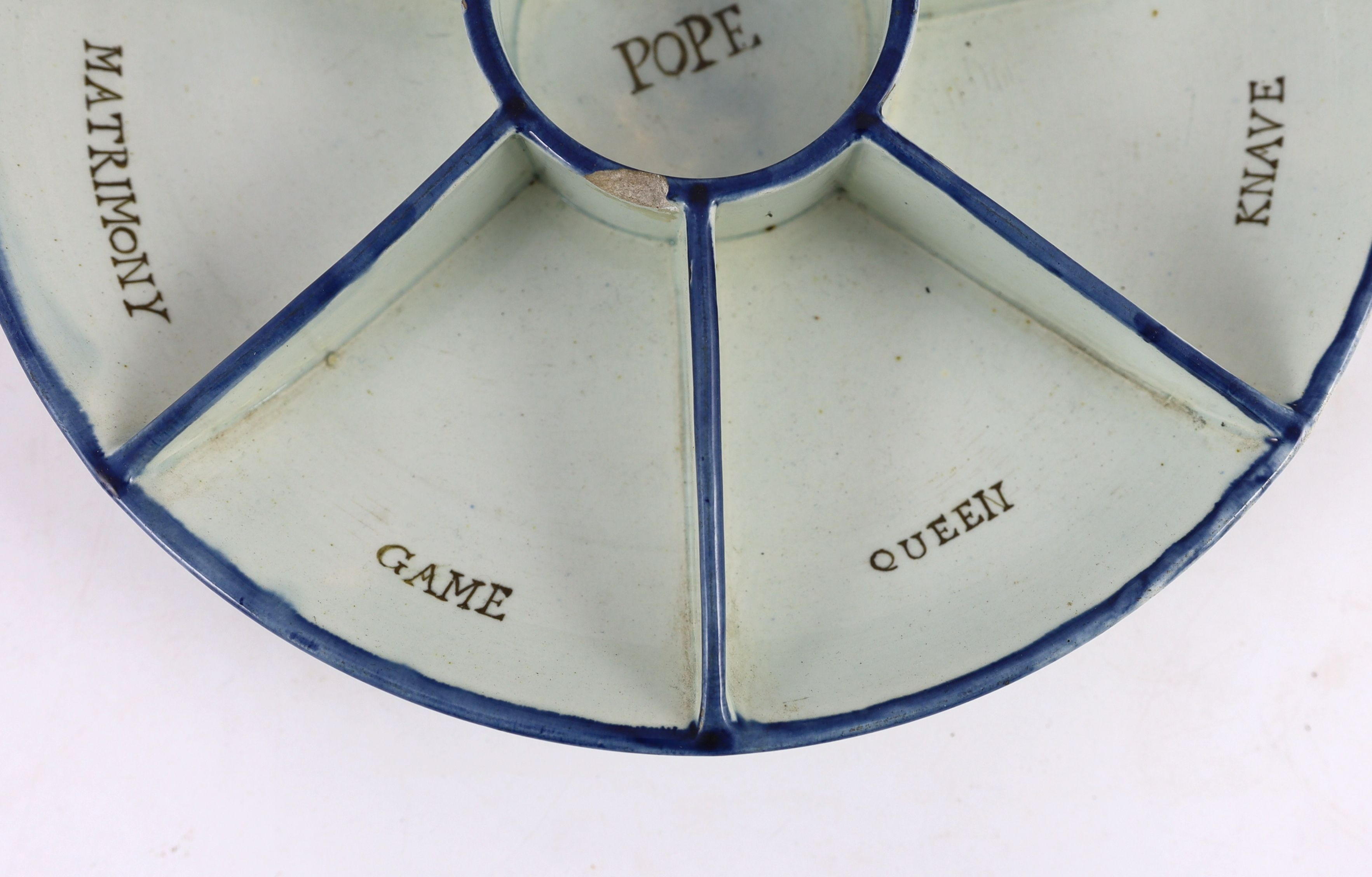 A rare pearlware dish shaped Pope Joan gaming rack, early 19th century, 26.5 cm diameter, small chips